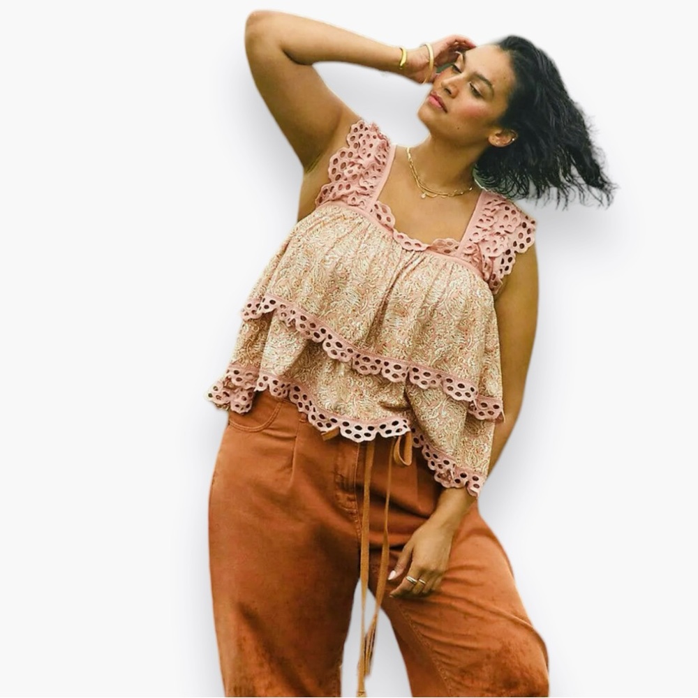 ANTHROPOLOGIE Let Me Be Layered Ruffle Peach Eyelet Swing Top Feminine Blouse - Picture 11 of 16